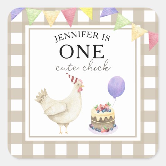 Waterverf Chick 1e verjaardag Vierkante Sticker (Voorkant)
