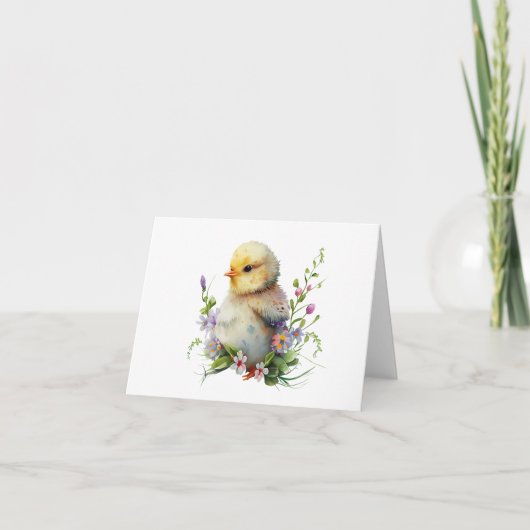 Waterverf Chick met Bloemen BLANK Kaart (Voorkant)