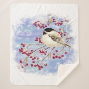 Waterverf Chickadee Berry Tree Winter Frost Bird Sherpa Deken