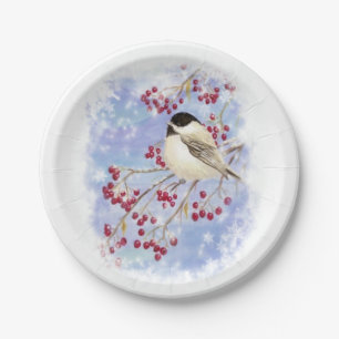 Waterverf Chickadee Bird Frosty Winter Snowflakes Papieren Bordje