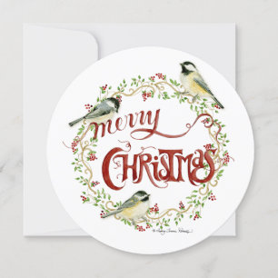 Waterverf Chickadee Birds Merry Kerstmis Wreater Feestdagenkaart