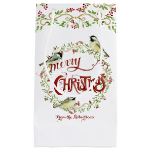 Waterverf Chickadee Birds Merry Kerstmis Wreater Klein Cadeauzakje