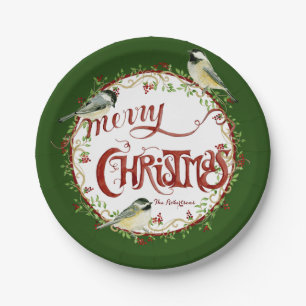 Waterverf Chickadee Birds Merry Kerstmis Wreater Papieren Bordje