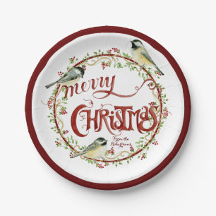 Waterverf Chickadee Birds Merry Kerstmis Wreater Papieren Bordje