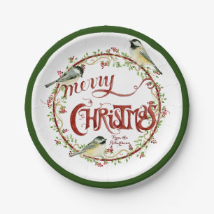 Waterverf Chickadee Birds Merry Kerstmis Wreater Papieren Bordje