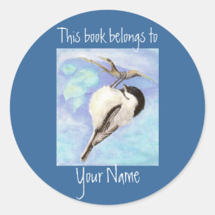 Waterverf Chickadee Boek Bord Ronde Sticker