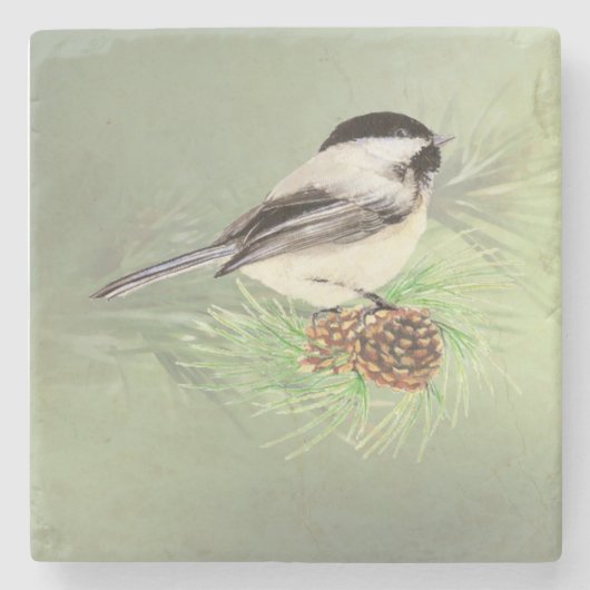 Waterverf Chickadee In Pine Tree Bird Natuur Rat Stenen Onderzetter (Voorkant)