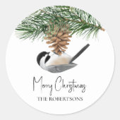 Waterverf Chickadee Pine Cone Christmas Ronde Sticker (Voorkant)