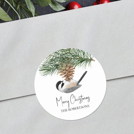 Waterverf Chickadee Pine Cone Christmas Ronde Sticker