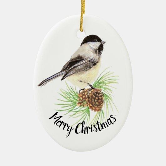 Waterverf Chickadee Pine Cone Merry Kerstmis Keramisch Ornament (Voorkant)