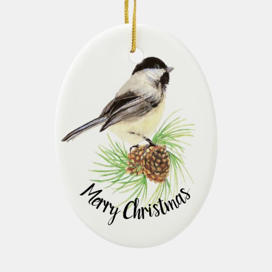 Waterverf Chickadee Pine Cone Merry Kerstmis Keramisch Ornament (Achterkant)