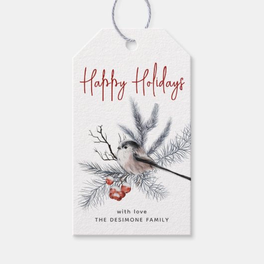 Waterverf Chickadee Prettige feestdagen Red Gift L Cadeaulabel (Voorkant)