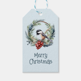 Waterverf Chickdee Vogel Ornament Kerstkunst Cadeaulabel