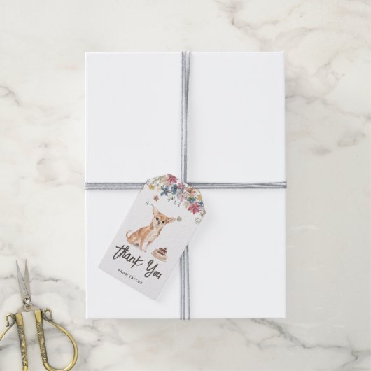 Waterverf Chihuahua Hond Verjaardagsfeest Dank u Cadeaulabel (Met Touw)