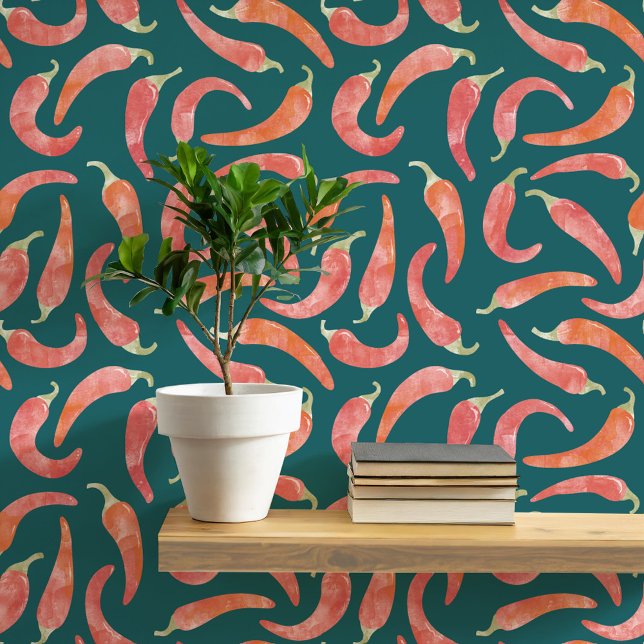 Waterverf chili peper rood donker behang (Hot and spicy watercolor red chili peppers on a dark teal green background. Peel and stick wallpaper)