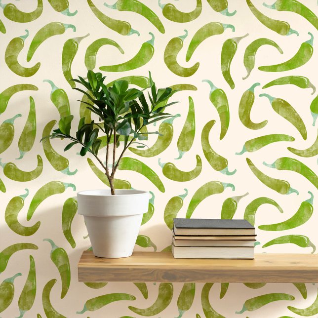 Waterverf Chili Pepper Green Cream Behang (Hot and spicy watercolor green chili pepper pattern art wallpaper)