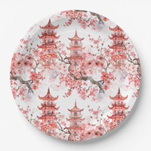 Waterverf Chinese pagode met kersenbloesems (3) Papieren Bordje