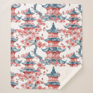 Waterverf Chinese Pagode met Kersenbloesems (6) Sherpa Deken