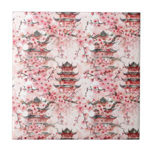 Waterverf Chinese Pagode met Kersenbloesems (7) Tegeltje