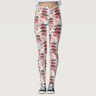 Waterverf Chinese Pagode met Kersenbloesems (8) Leggings