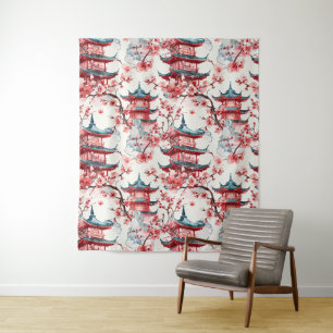Waterverf Chinese Pagode met Kersenbloesems (8) Wandkleed