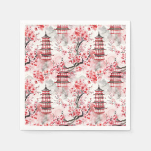 Waterverf Chinese Pagode met Kersenbloesems (9) Servet