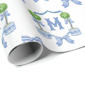 Waterverf Chinoiserie Blue Topiary Monogram Crest Cadeaupapier (Rol Hoek)