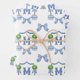 Waterverf Chinoiserie Blue Topiary Monogram Crest Inpakpapier Vel