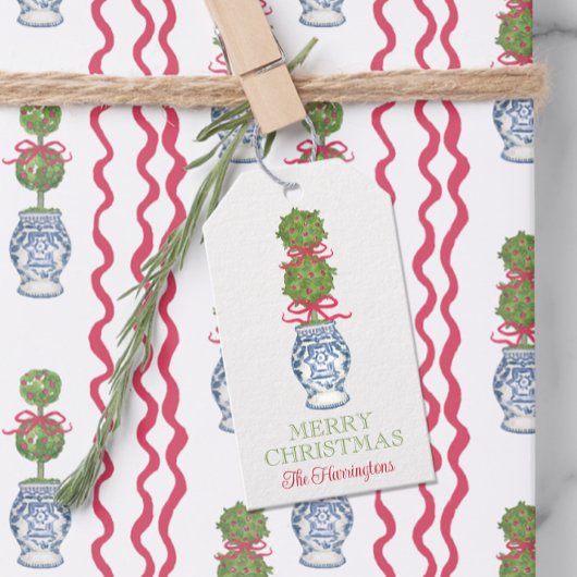 Waterverf Chinoiserie Christmas Red Bow Topiary Cadeaulabel
