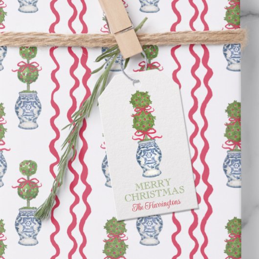 Waterverf Chinoiserie Christmas Red Bow Topiary Cadeaulabel