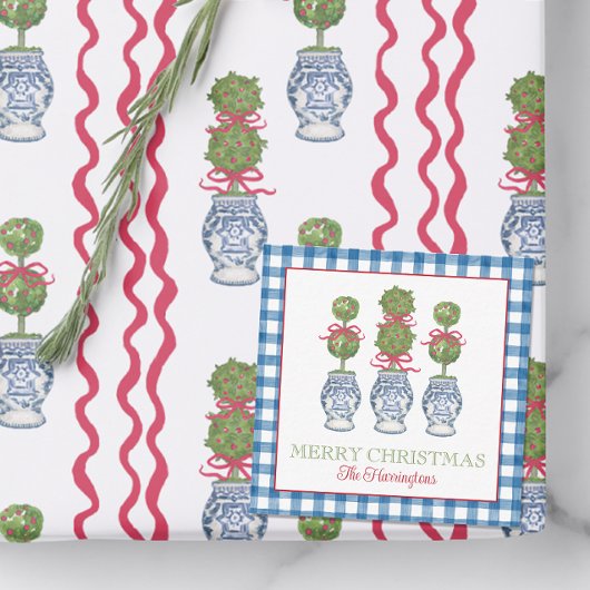 Waterverf Chinoiserie Christmas Red Bow Topiary Notitiekaartje