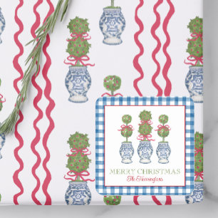 Waterverf Chinoiserie Christmas Red Bow Topiary Vierkante Sticker