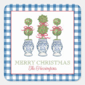 Waterverf Chinoiserie Christmas Red Bow Topiary Vierkante Sticker (Voorkant)