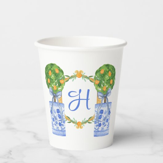 Waterverf Chinoiserie Citrus Topiary Monogram Papieren Bekers (Voorkant)