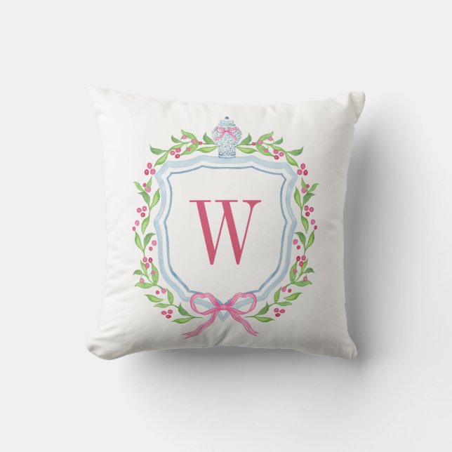 Waterverf Chinoiserie Ginger Jar Monogram Crest Kussen (Voorkant)