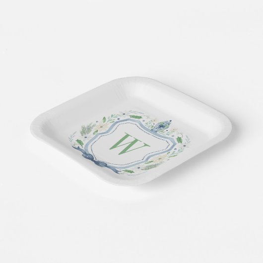 Waterverf Chinoiserie Ginger Jar Monogram Crest Papieren Bordje (Gebogen)