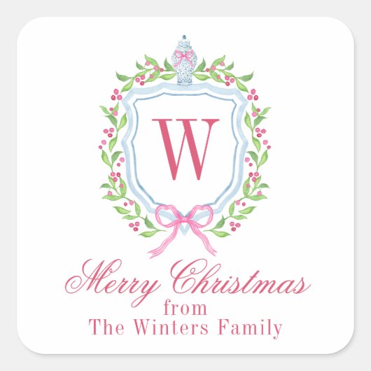 Waterverf Chinoiserie Ginger Jar Monogram Crest Vierkante Sticker (Voorkant)