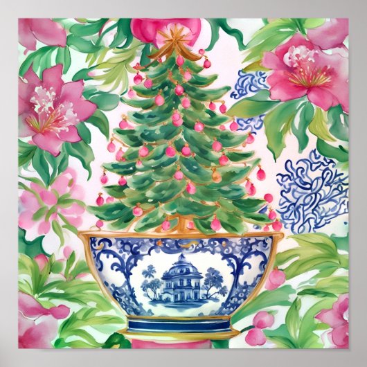 Waterverf Chinoiserie Kerstboom Poster (Voorkant)