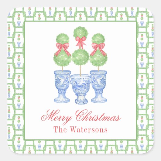Waterverf Chinoiserie Kerststrik Topiary Gift Vierkante Sticker (Voorkant)