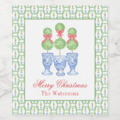 Waterverf Chinoiserie Kerststrik Topiary Wijn Etiket (Enkel label)