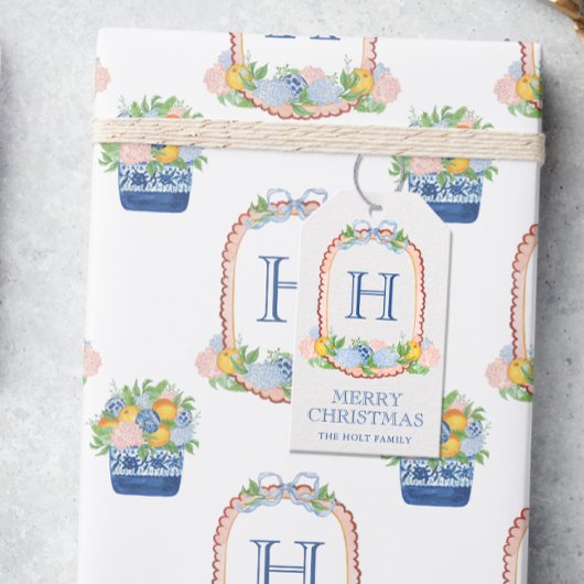 Waterverf Chinoiserie Mandarins Monogram Crest Cadeaulabel