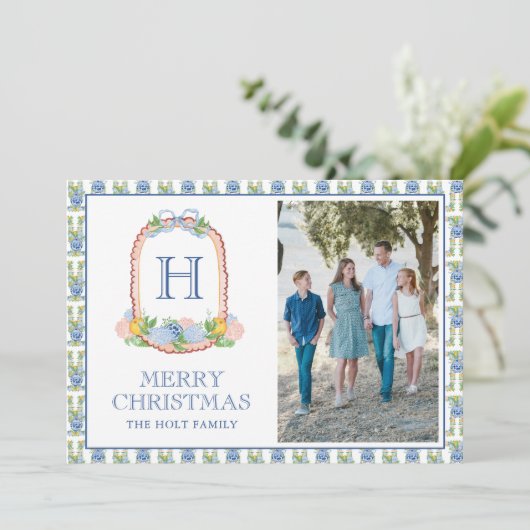 Waterverf Chinoiserie Mandarins Monogram Crest Feestdagenkaart (Staand voorkant)