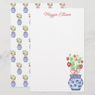 Waterverf Chinoiserie vaas van rode aardbeien Briefpapier