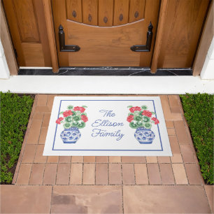 Waterverf Chinoiserie Vaas van rode geraniums Deurmat