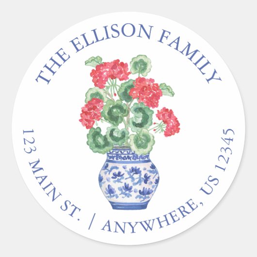 Waterverf Chinoiserie Vase Red Geraniums Adres Ronde Sticker (Voorkant)