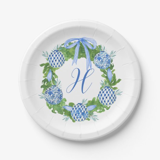 Waterverf Chinoiserie Wreate kerstmonogram Papieren Bordje (Voorkant)