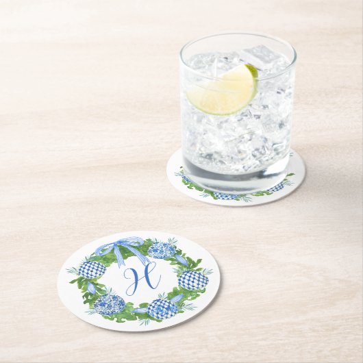 Waterverf Chinoiserie Wreate kerstmonogram Ronde Kartonnen Onderzetter (Insitu)