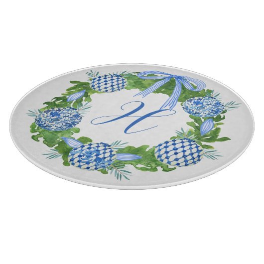 Waterverf Chinoiserie Wreate kerstmonogram Snijplank (Hoek)