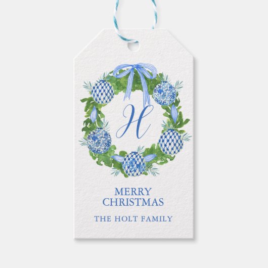 Waterverf Chinoiserie Wreater Monogram Kerstmis Cadeaulabel (Voorkant)