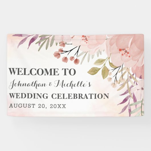 Waterverf Christelijk Blush Pink Floral Wedding Spandoek (Horizontaal)